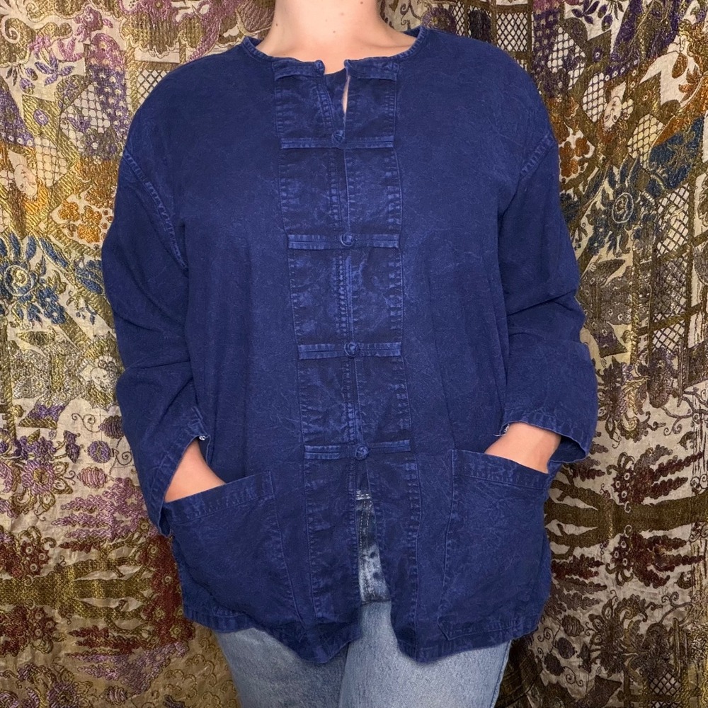 Indigo Dyed Traditional Mor Hom Thai Long Sleeve Shirt Size L